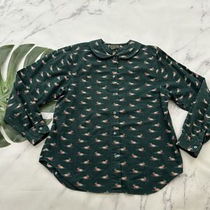 Charter Club Womens Vintage Flannel Shirt Size 10 P Green Ducks Peter Pan Collar